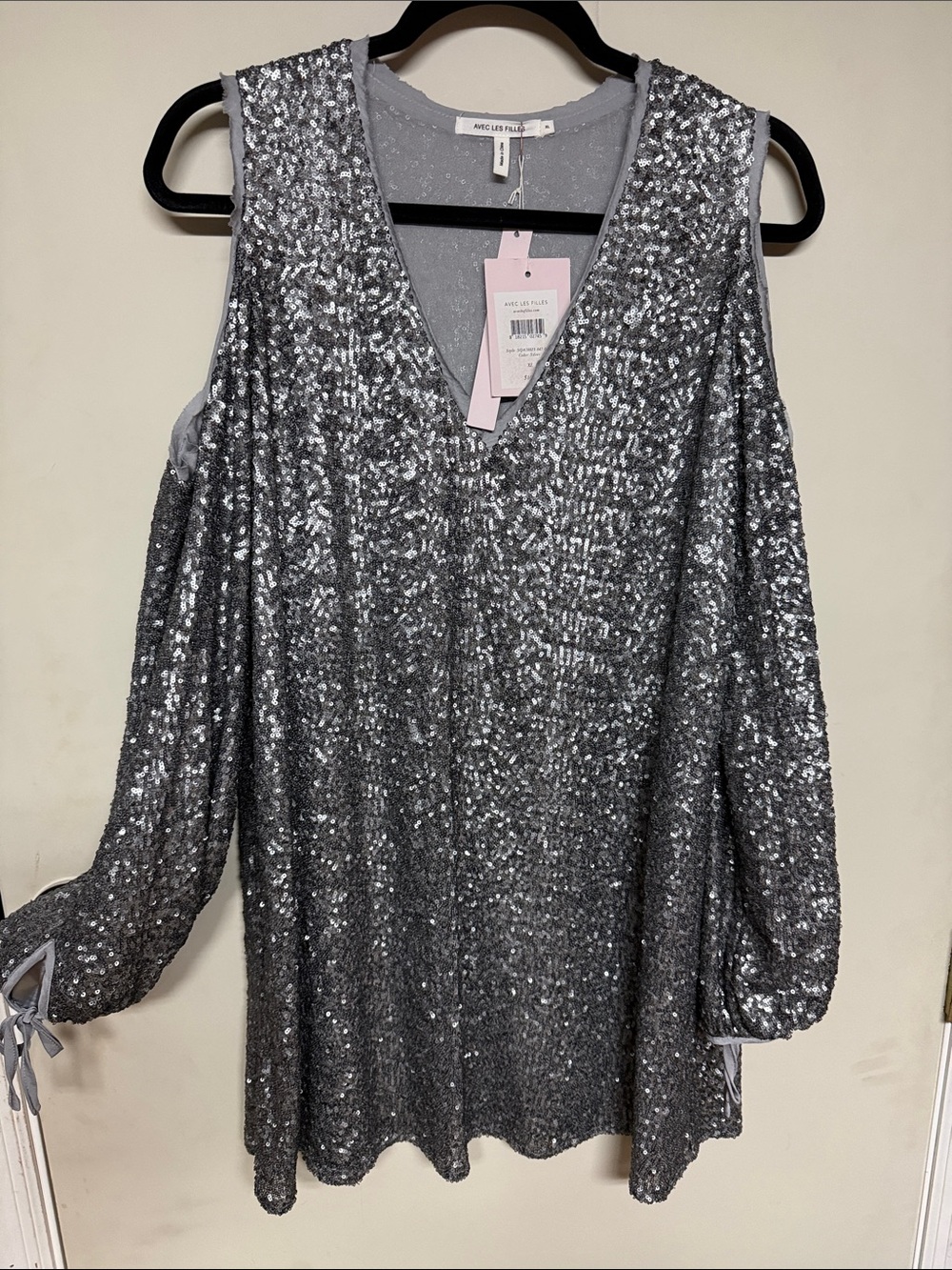 Avec Les Filles Silver Sequin Cold-Shoulder V-Neck Top